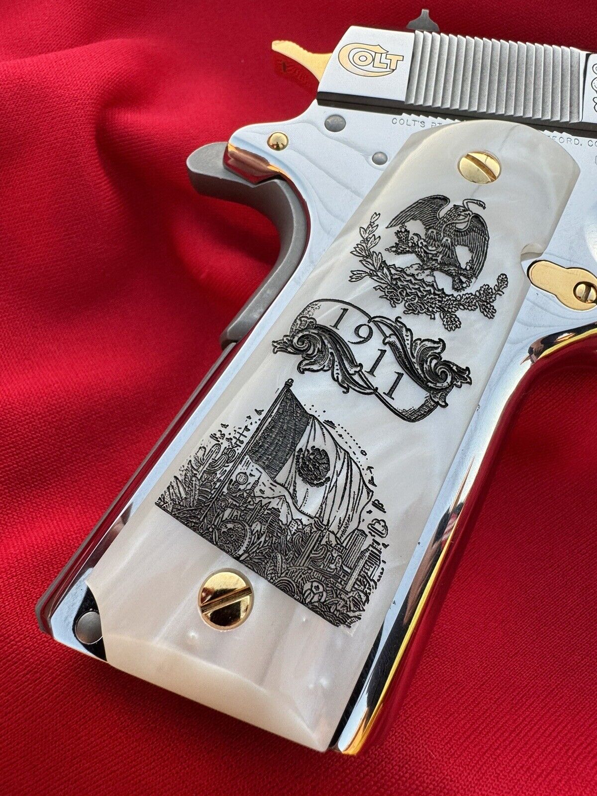 1911 Colt Pearl Mexican Eagle/Flag Scrolls Custom Grips  45 acp 38 Super  Cal