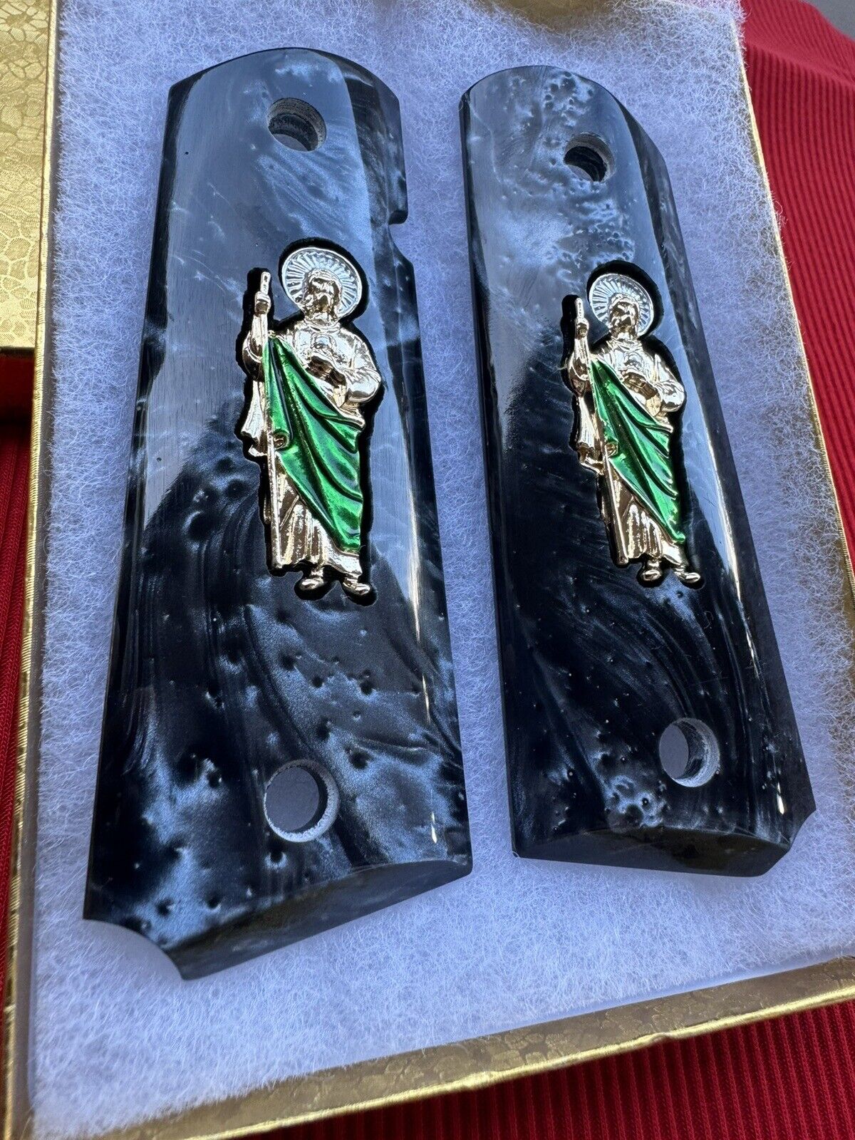 1911 Engraved Black Pearl Grips San Judas inlayed 24k Gold Plated 45 acp