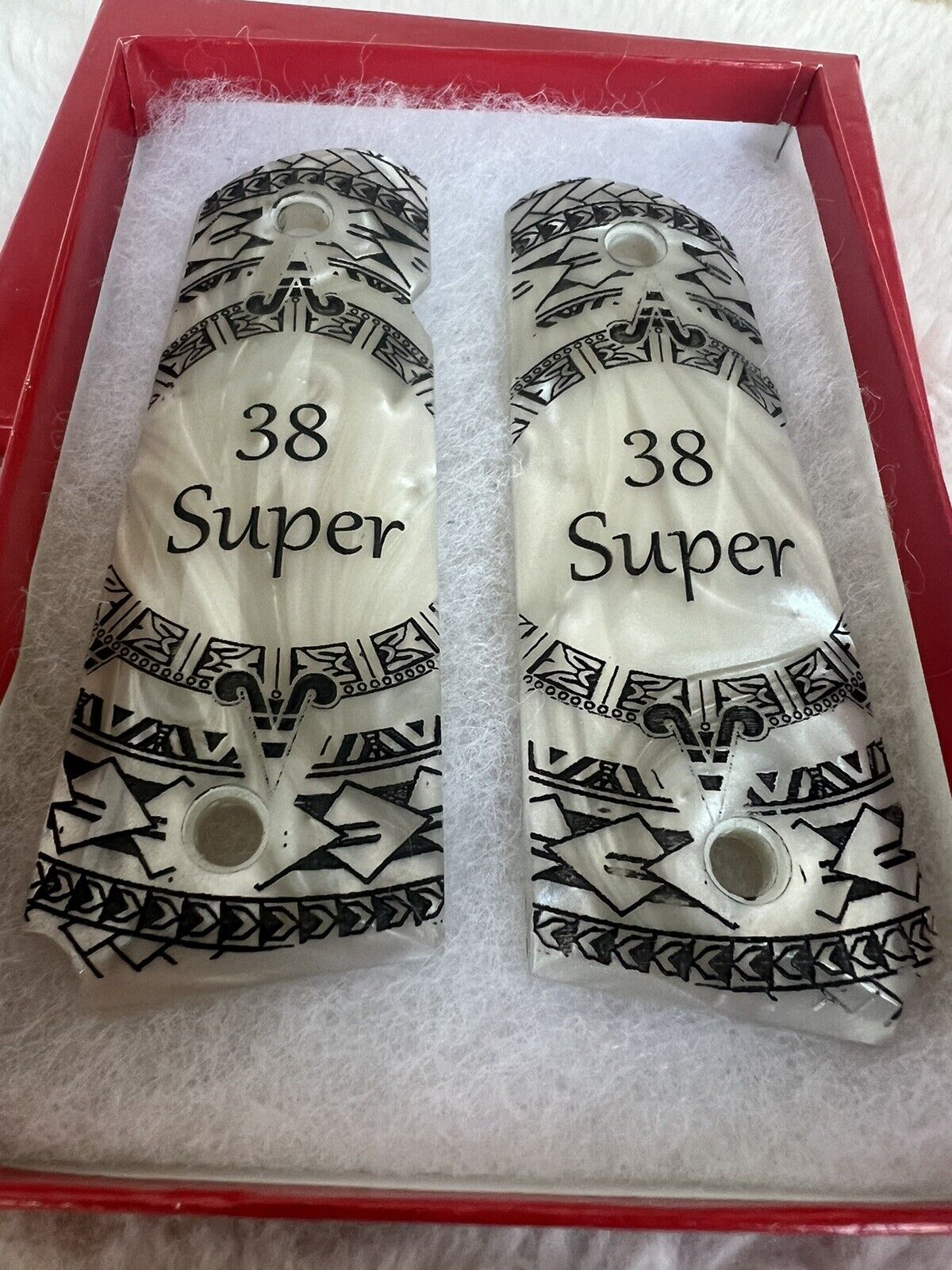 1911 Pearl Laser Engraved 38 Super Grips 45 acp 38 Super cal