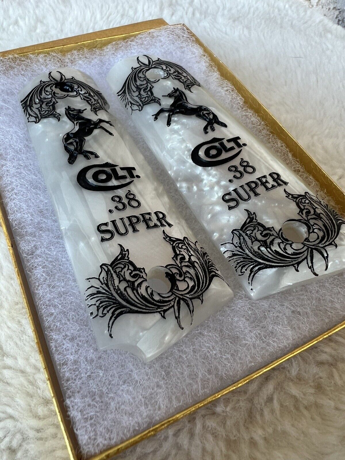 1911 Pearl Colt Horse Logo Engraved Scrolls Grips  45 acp 38 Super cal