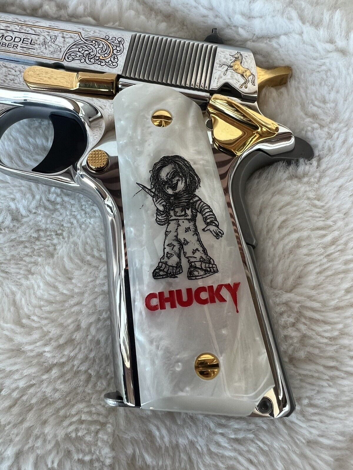 1911 Pearl Laser Engraved Chucky Character  Grips 45 acp 38 Super cal