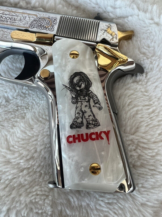 1911 Pearl Laser Engraved Chucky Character  Grips 45 acp 38 Super cal