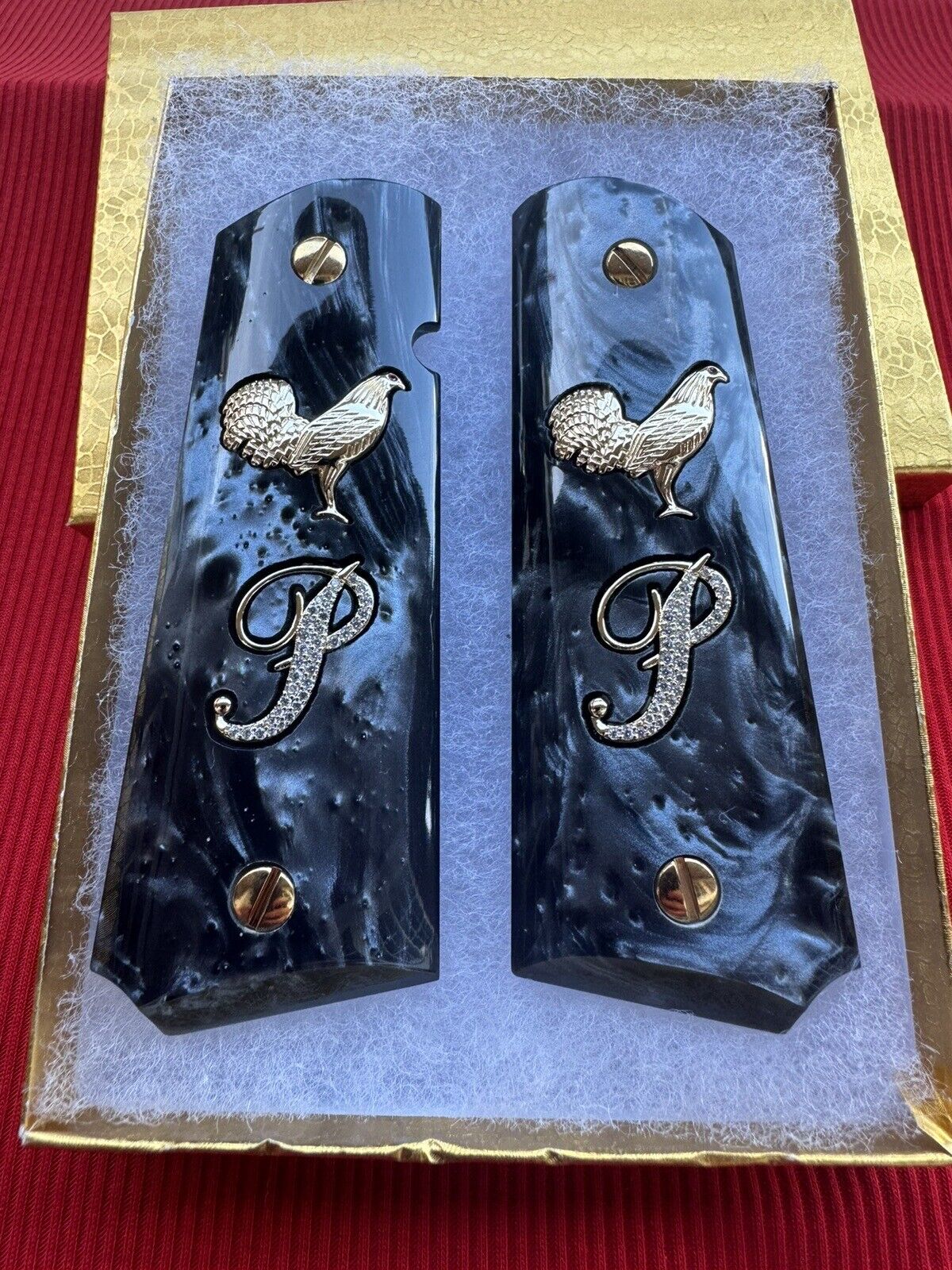 1911 "Rooster" “P” 24k Gold Plated Inlayed CZ stones Grips  Black Pearl Grips