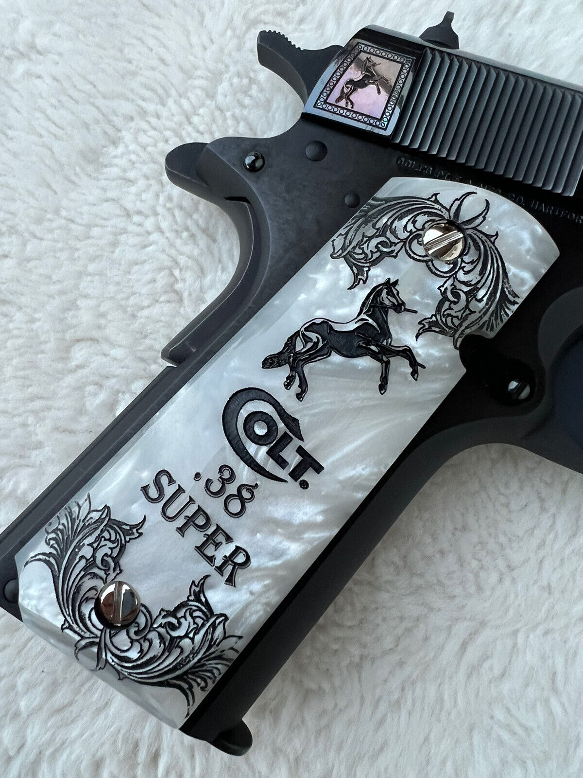 1911 Pearl Colt Horse Logo Engraved Scrolls Grips  45 acp 38 Super cal