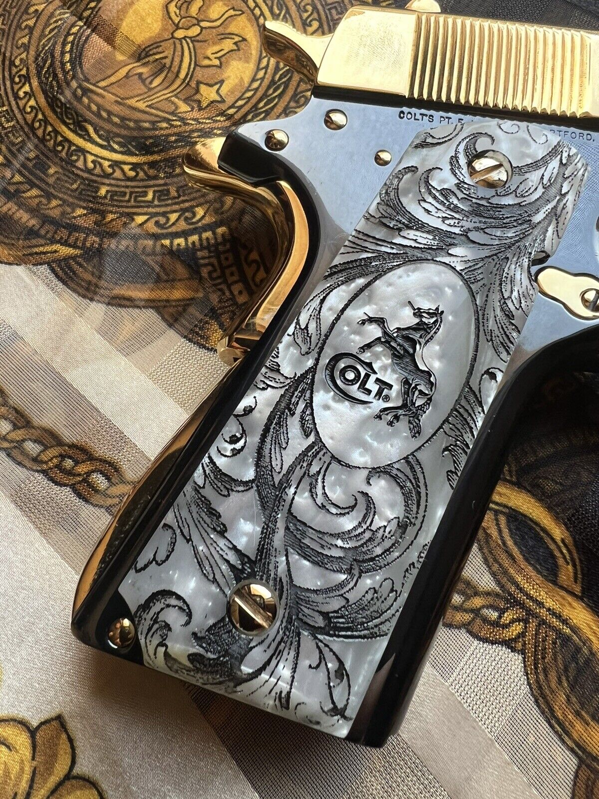 1911 Pearl Laser Engraved Scrolls Colt Logo Grips  45 acp 38 Super cal