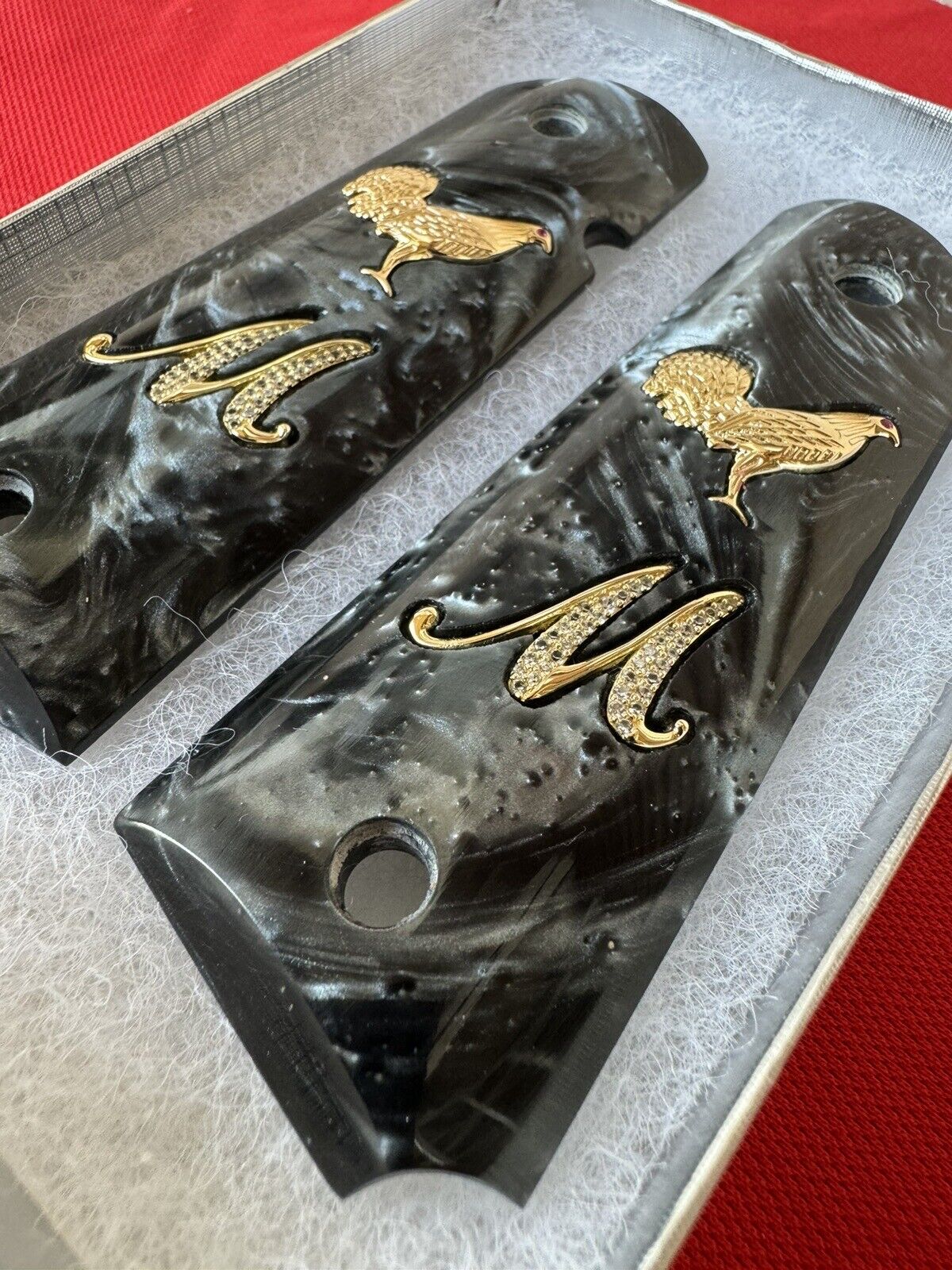 1911 "Rooster" “M” 24k Gold Plated Inlayed CZ stones Grips  Black Pearl Grips
