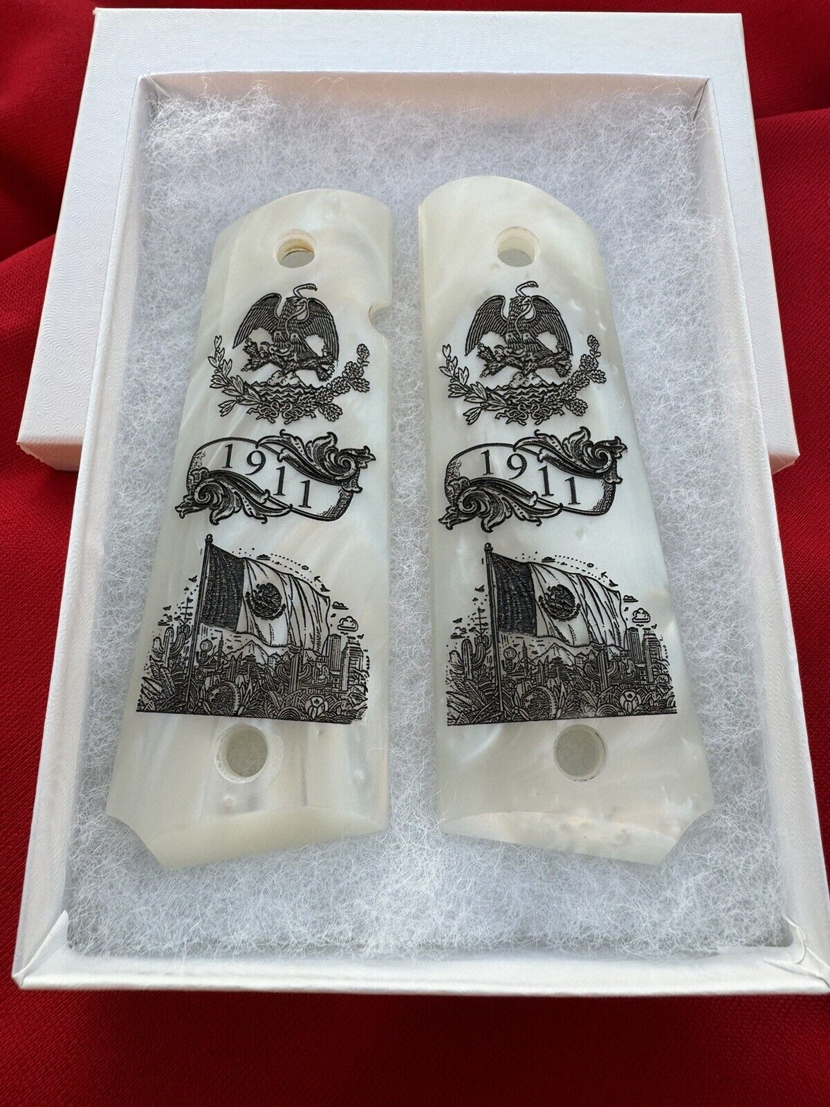 1911 Colt Pearl Mexican Eagle/Flag Scrolls Custom Grips  45 acp 38 Super  Cal