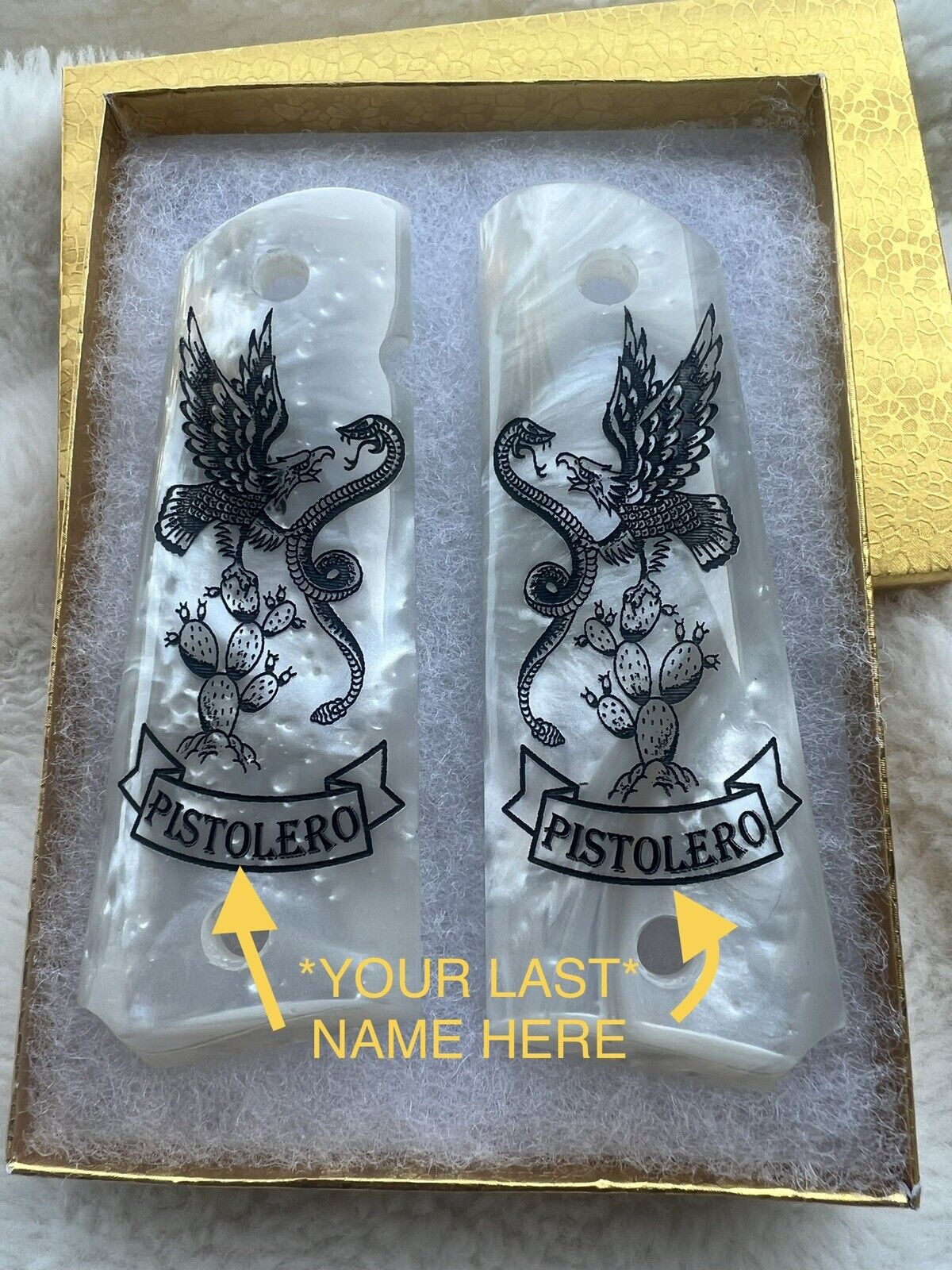 1911  Pearl Mexican Eagle / Snake / Cactus *FREE ENGRAVING IN SPACE FOR LAST NAME* Grips  45 acp 38 Super