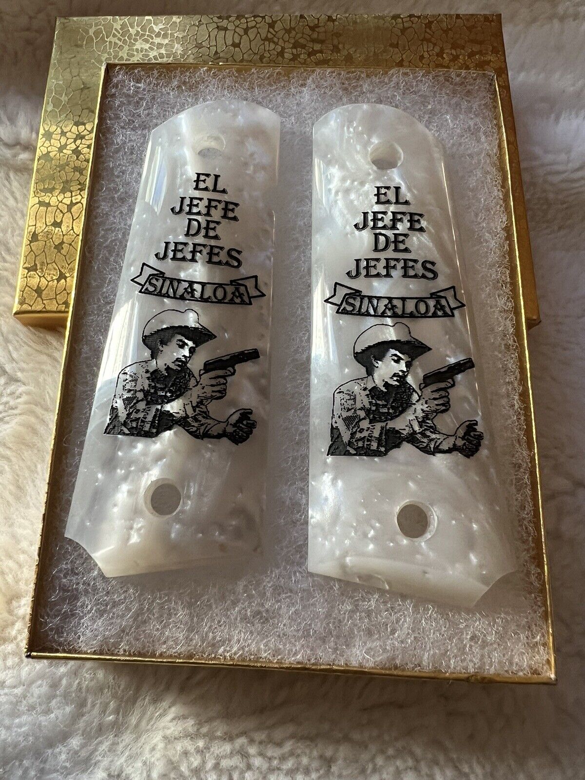 1911 Pearl Laser Engraved Chalino Jefe De Jefes Grips 45 acp 38 Super cal