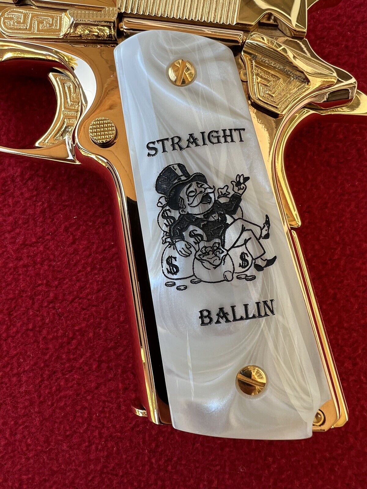 1911 Pearl Laser Engraved Monopoly Man Grips Image 45 acp 38 Super cal