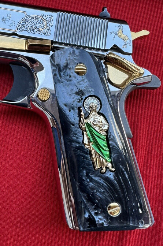 1911 Engraved Black Pearl Grips San Judas inlayed 24k Gold Plated 45 acp