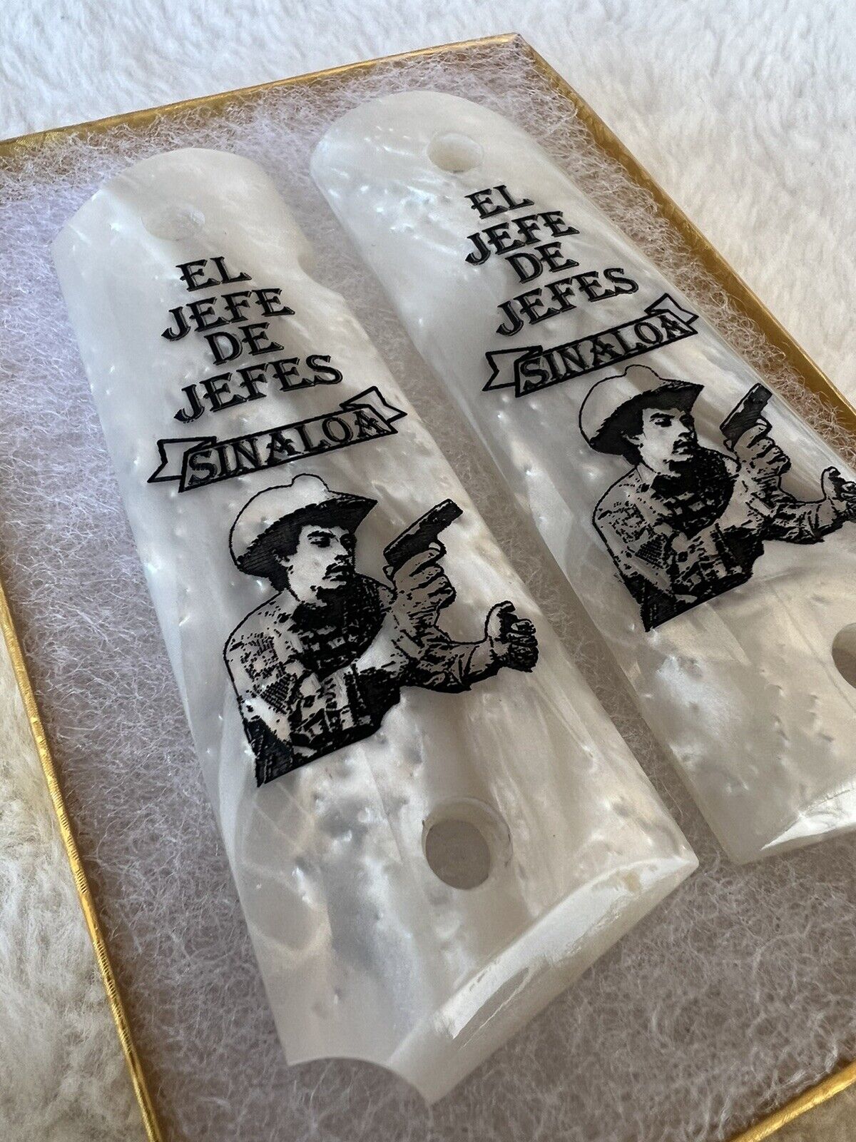 1911 Pearl Laser Engraved Chalino Jefe De Jefes Grips 45 acp 38 Super cal