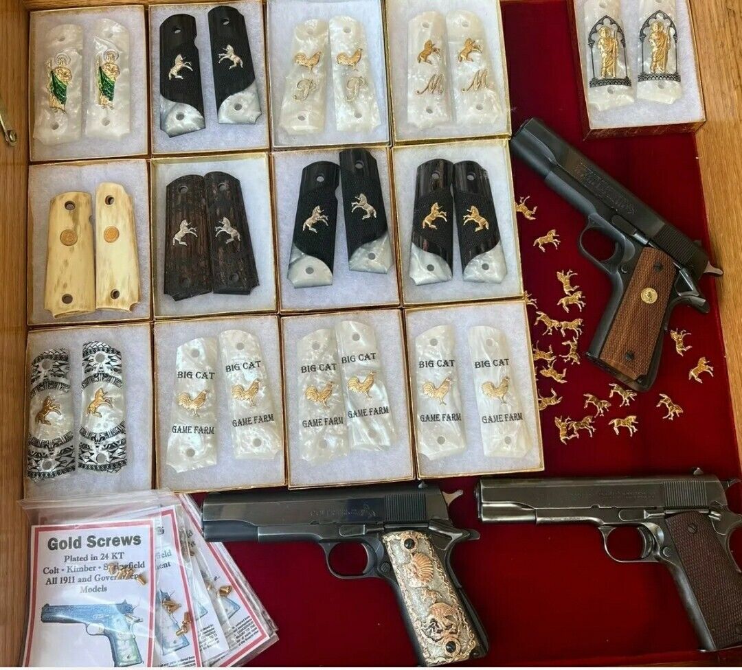 1911 Gold Plated Rooster/Aztec Pearlite Engraved grips 45 38 super Rare