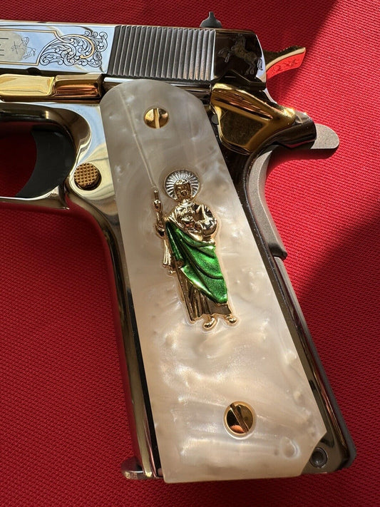 1911 Engraved Pearl Grips San Judas inlayed 24k Gold Plated 45 acp 38 Super