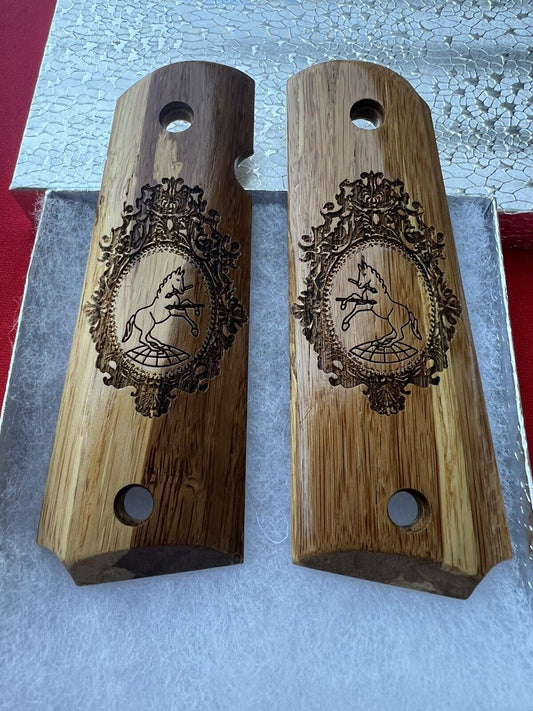 1911 Laser Engraved Rampart Horse  Image Wooden Grips 45 acp 38 Super Calibers