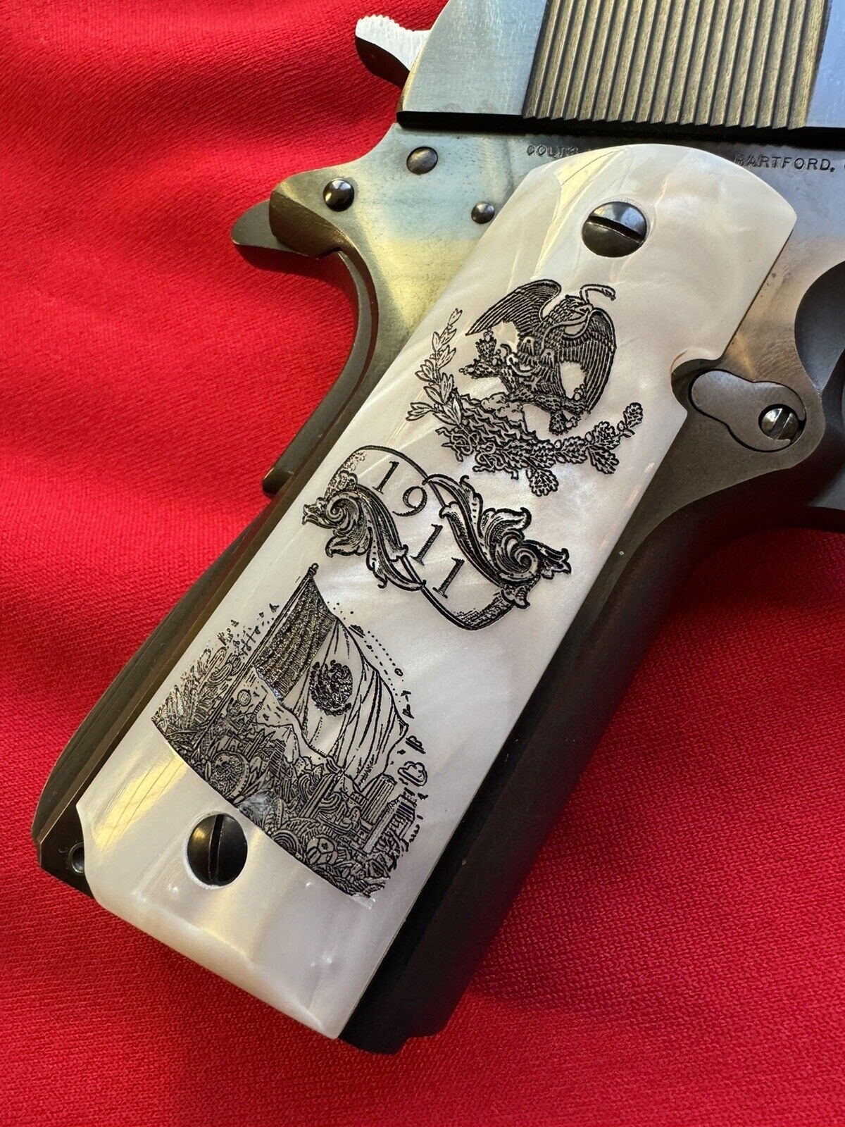 1911 Colt Pearl Mexican Eagle/Flag Scrolls Custom Grips  45 acp 38 Super  Cal