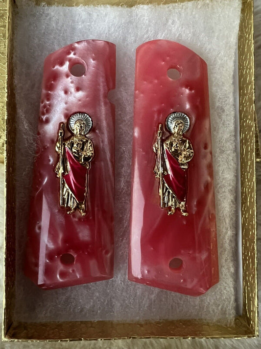 1911 Pink Grips  San Judas 24k Gold Plated Custom  Engraved 45 acp 38 Super