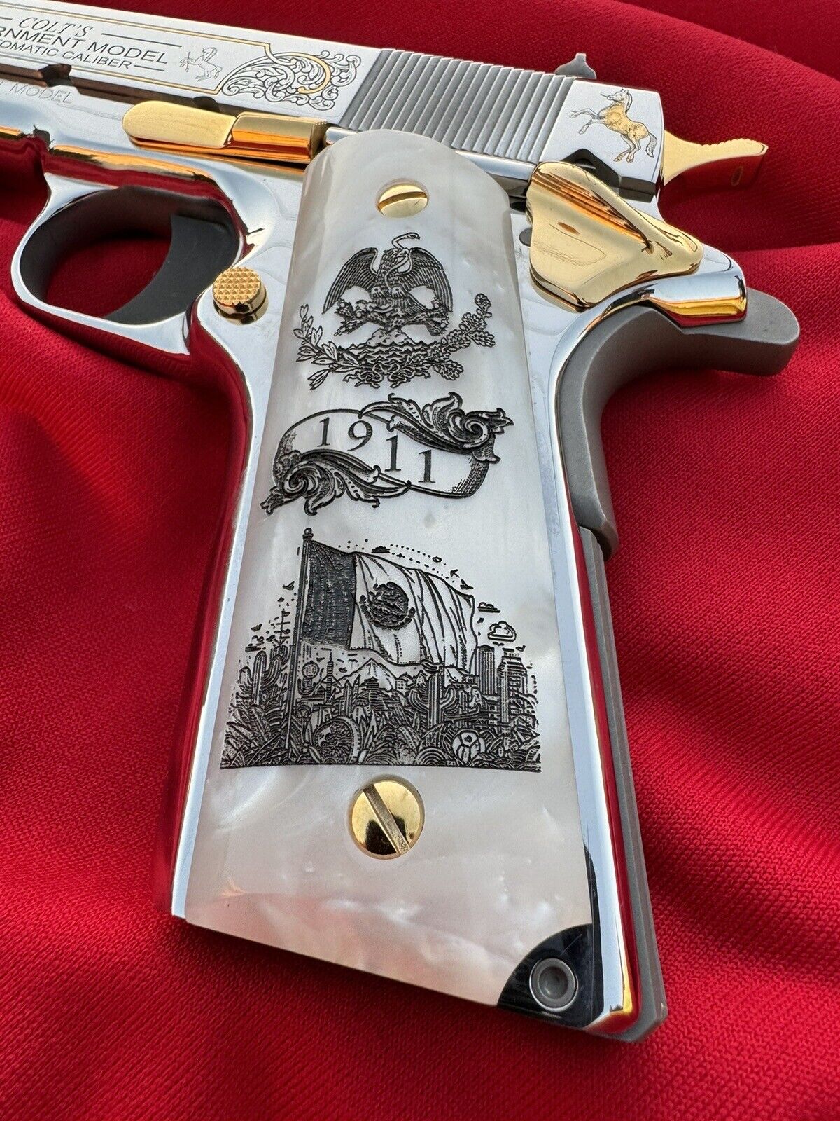 1911 Colt Pearl Mexican Eagle/Flag Scrolls Custom Grips  45 acp 38 Super  Cal