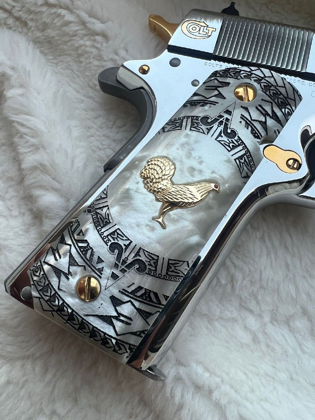 1911 Gold Plated Rooster/Aztec Pearlite Engraved grips 45 38 super Rare