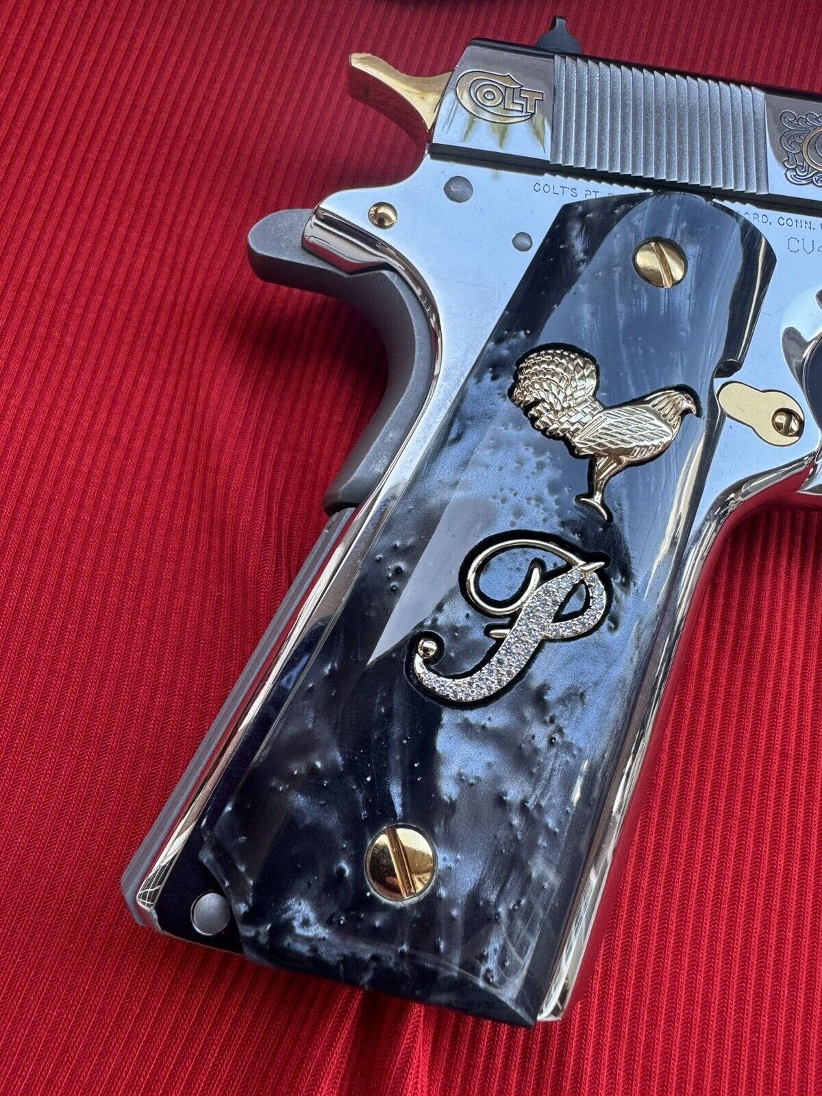 1911 "Rooster" “P” 24k Gold Plated Inlayed CZ stones Grips  Black Pearl Grips