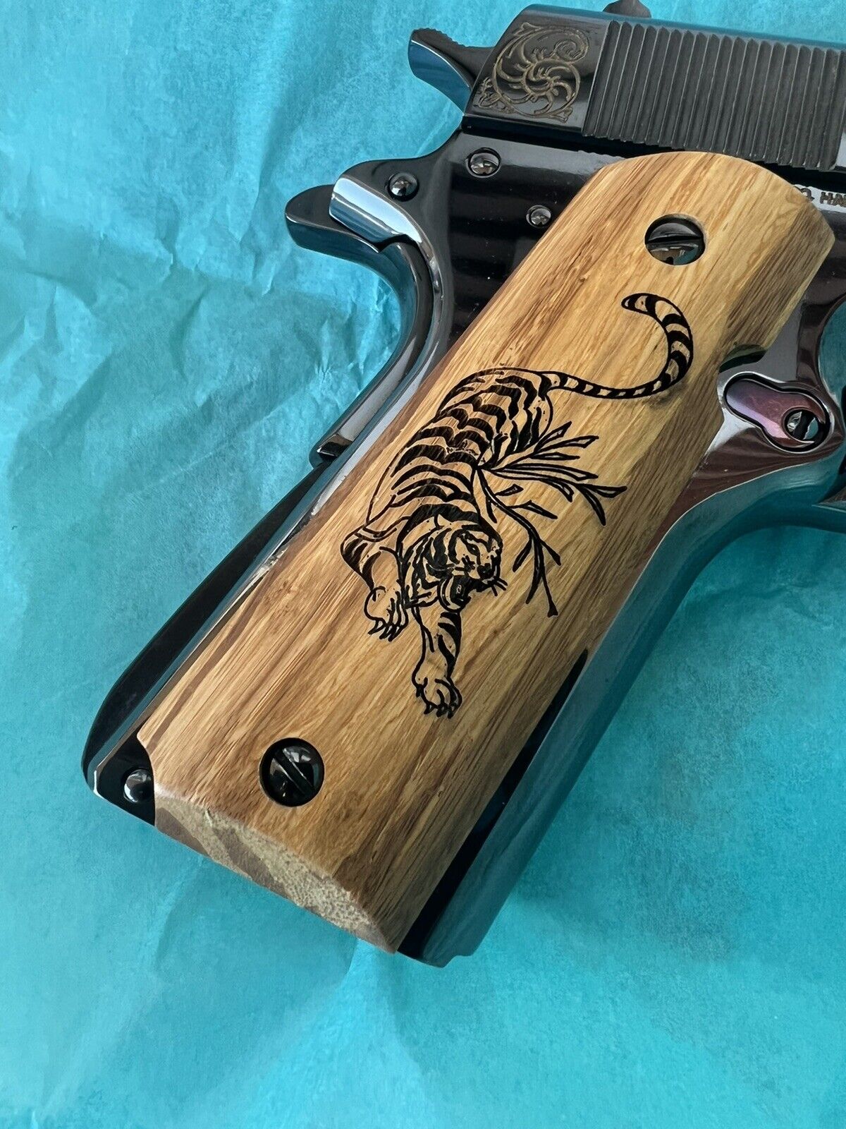 1911 Grips Laser Engraved Tiger With Bamboo Grips 45 acp 38 Super Calibers