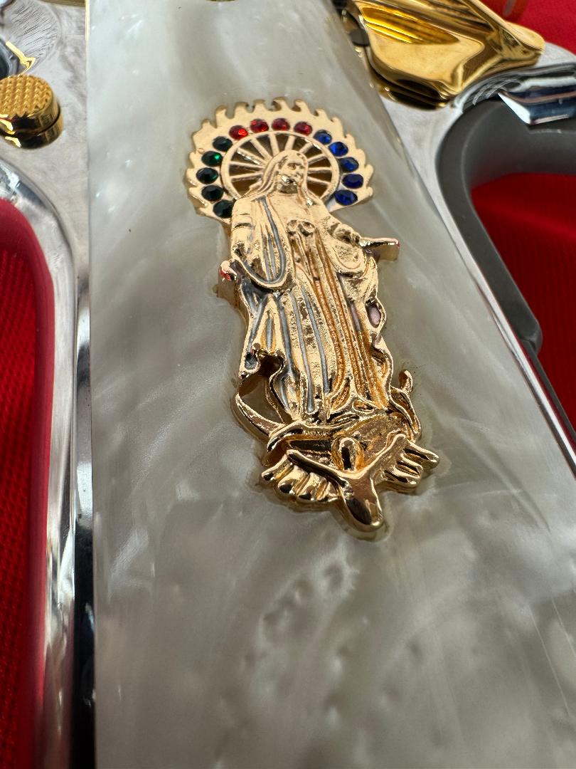 1911 Pearl Grips Engraved Grips Virgin Mary inlayed 24k cz stones Gold Plated 45 acp