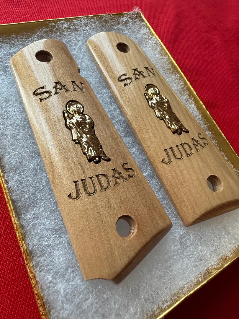 1911 Grips Wood San Judas inlayed 24k Gold Plated 45 acp 38 Super