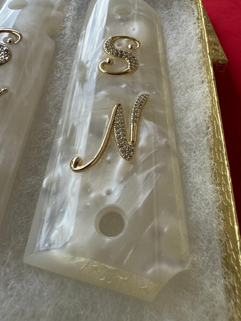 1911 "S" and "N" initials 24k Gold Plated Inlayed CZ stones Grips  White Pearl Grips