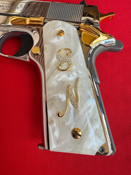 1911 "S" and "N" initials 24k Gold Plated Inlayed CZ stones Grips  White Pearl Grips