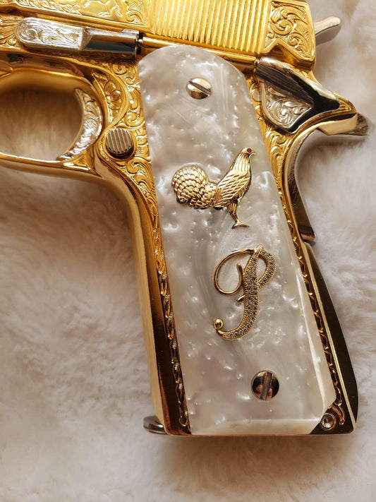 1911 "Rooster" “P” 24k Gold Plated Inlayed CZ stones Grips  White Pearl Grips