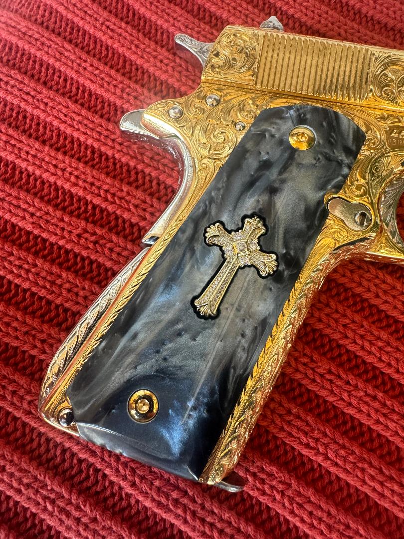 1911 Cross 24k Gold Plated Inlayed CZ stones Grips  White Pearl Grips