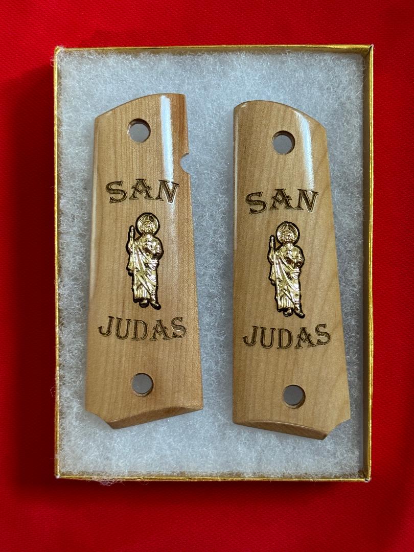 1911 Grips Wood San Judas inlayed 24k Gold Plated 45 acp 38 Super