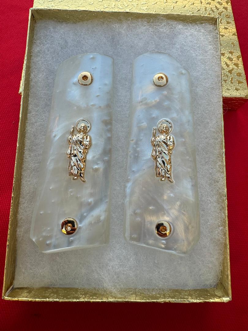 1911 Officer's Model San Judas 24k Plated Pearlite Custom Pistol Grips