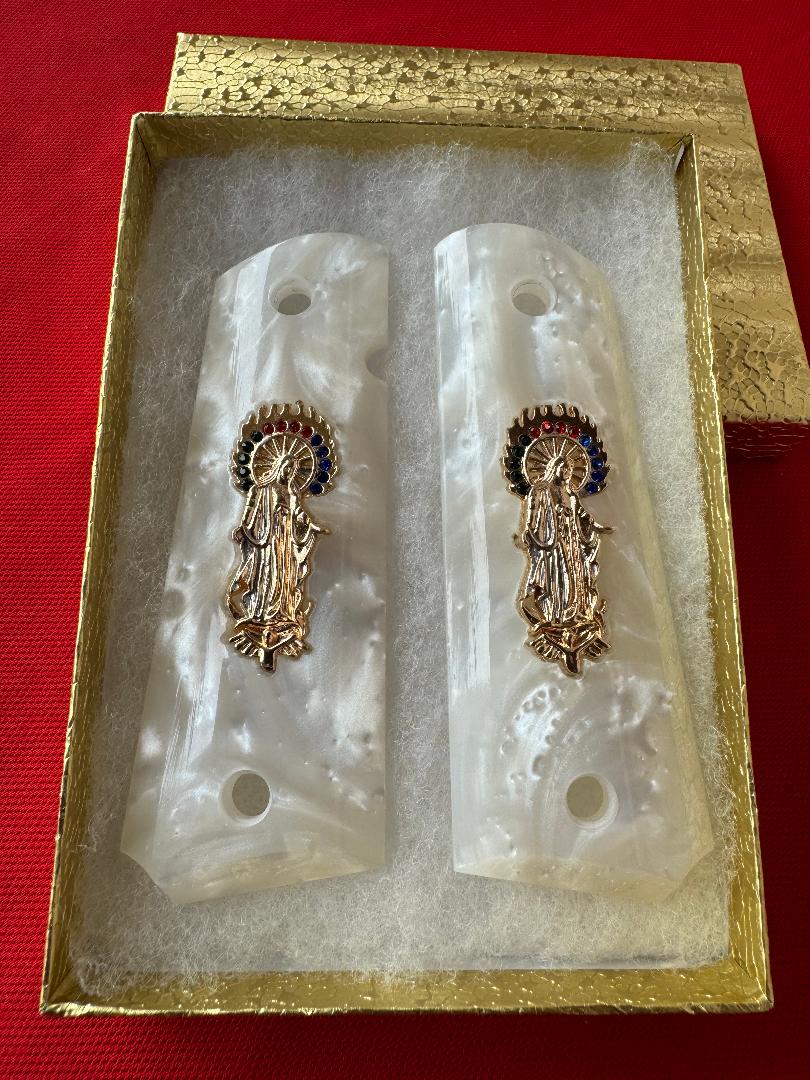 1911 Pearl Grips Engraved Grips Virgin Mary inlayed 24k cz stones Gold Plated 45 acp