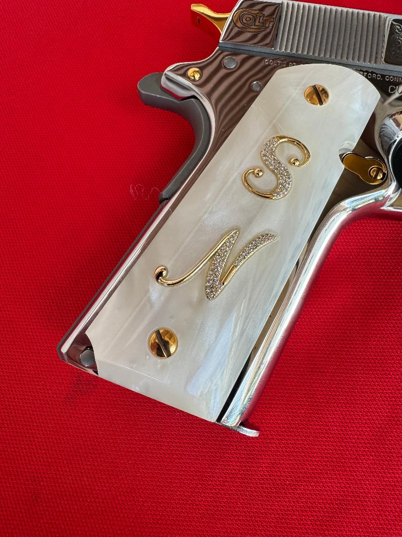1911 "S" and "N" initials 24k Gold Plated Inlayed CZ stones Grips  White Pearl Grips