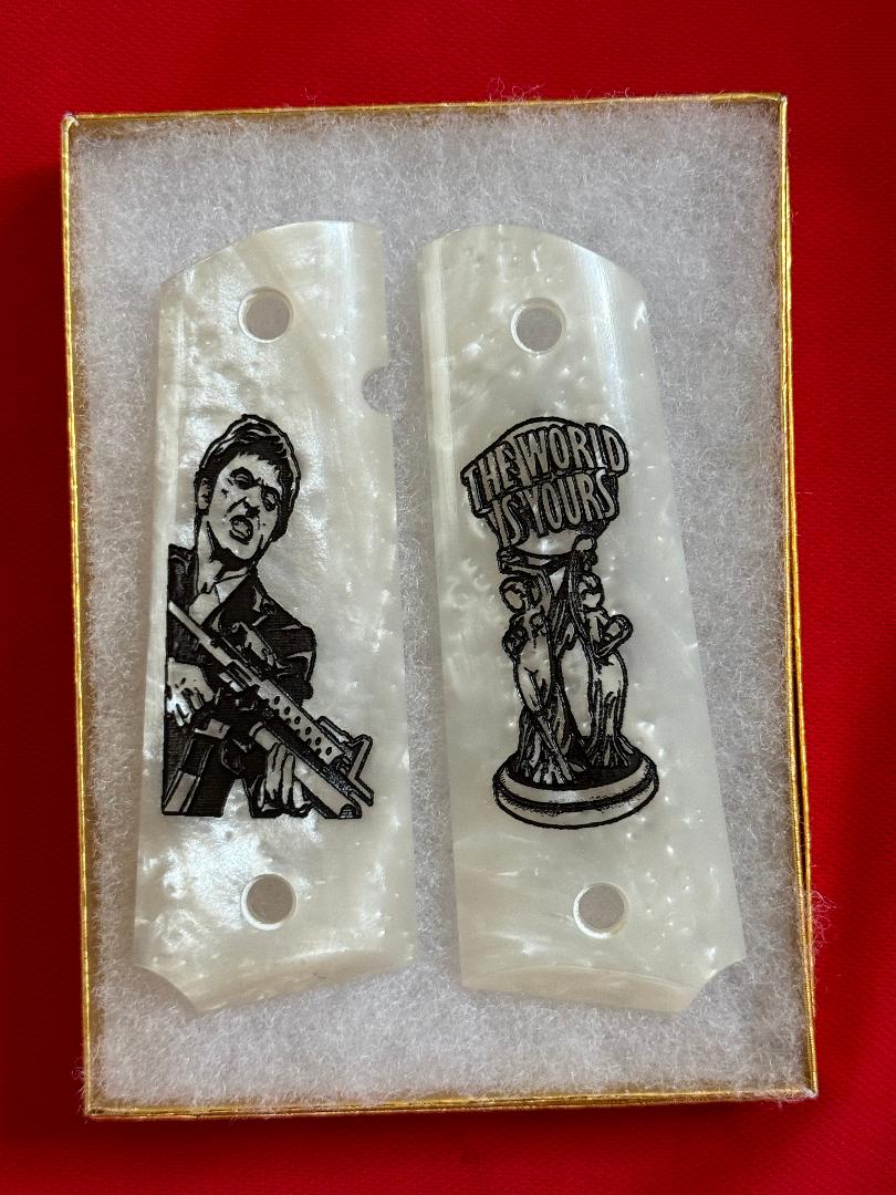 1911 Pearl Laser Engraved Tony Montana Grips 45 acp 38 Super cal