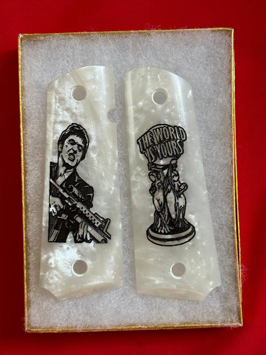 1911 Pearl Laser Engraved Tony Montana Grips 45 acp 38 Super cal