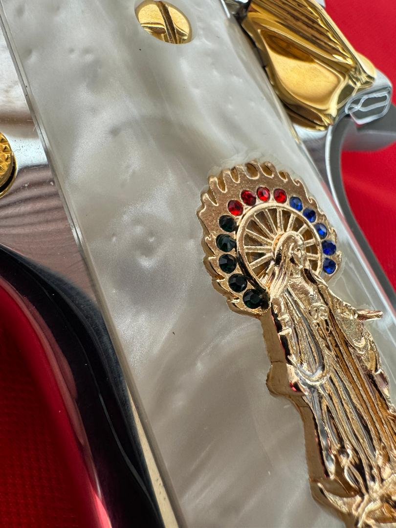 1911 Pearl Grips Engraved Grips Virgin Mary inlayed 24k cz stones Gold Plated 45 acp