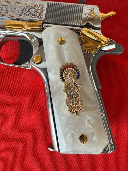 1911 Pearl Grips Engraved Grips Virgin Mary inlayed 24k cz stones Gold Plated 45 acp