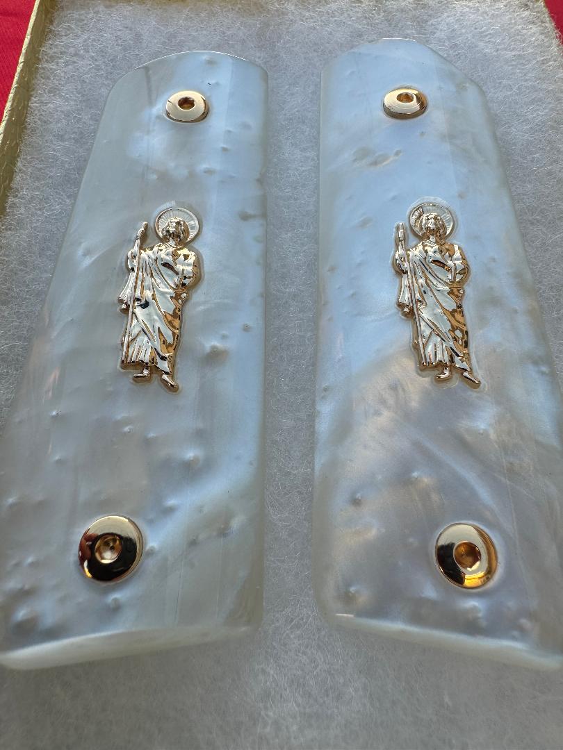 1911 Officer's Model San Judas 24k Plated Pearlite Custom Pistol Grips