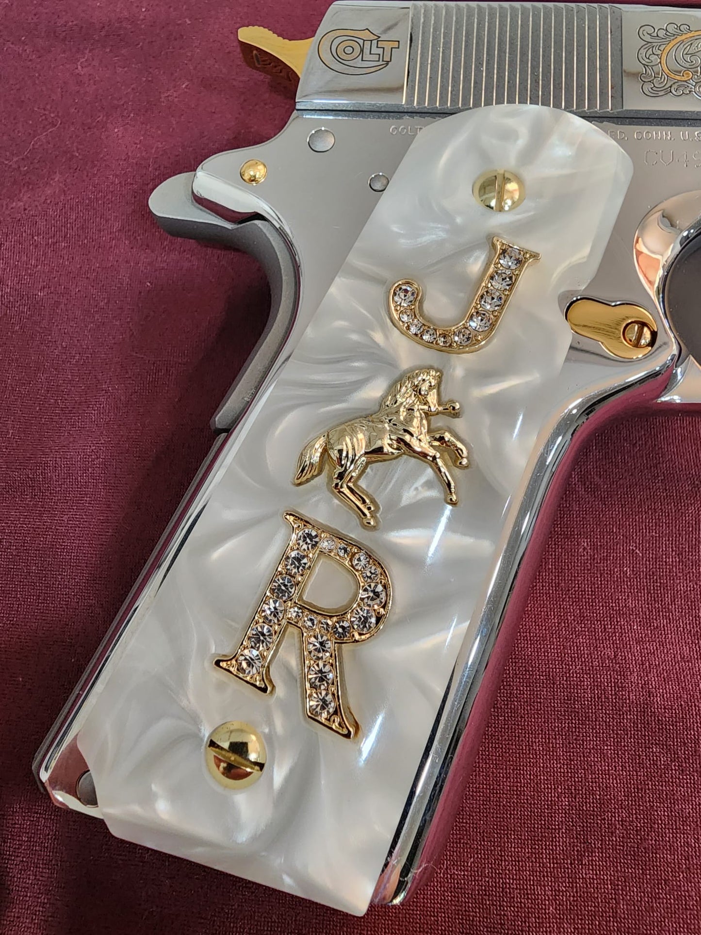 1911 White Pearlite Grips Gold plated “J” Rampant Horse “R” Inlays with 24K Gold Plated Screws