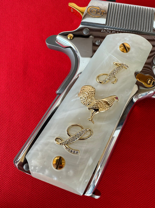 1911 "Rooster" “I”  “L” 24k Gold Plated Inlayed CZ stones Grips  White Pearl Grips
