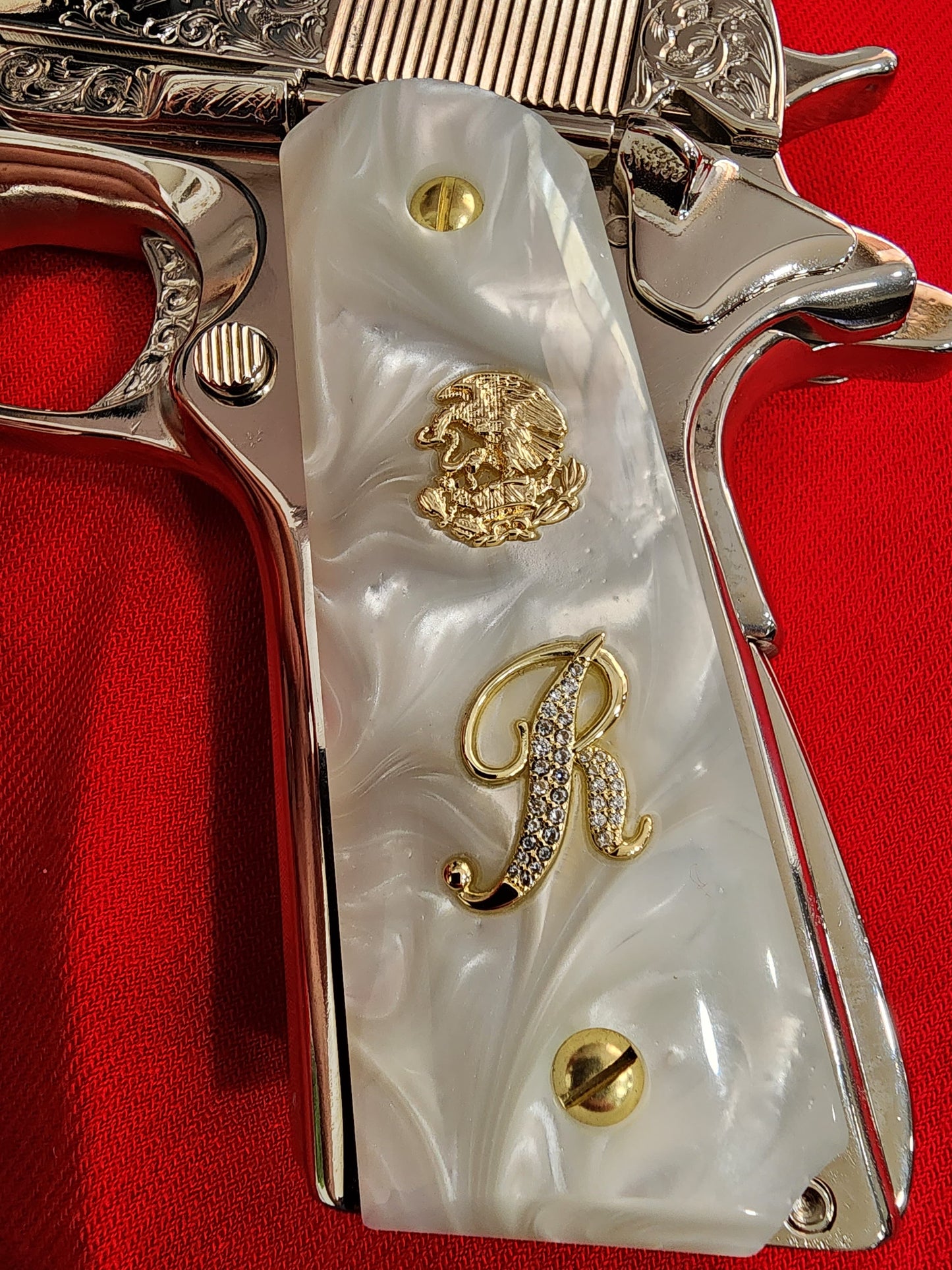 1911 White Pearlite Grips – Custom “R” Letter with Gold Mexican Eagle Inlay 38 super 45 caliber.