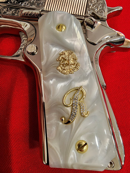 1911 White Pearlite Grips – Custom “R” Letter with Gold Mexican Eagle Inlay 38 super 45 caliber.