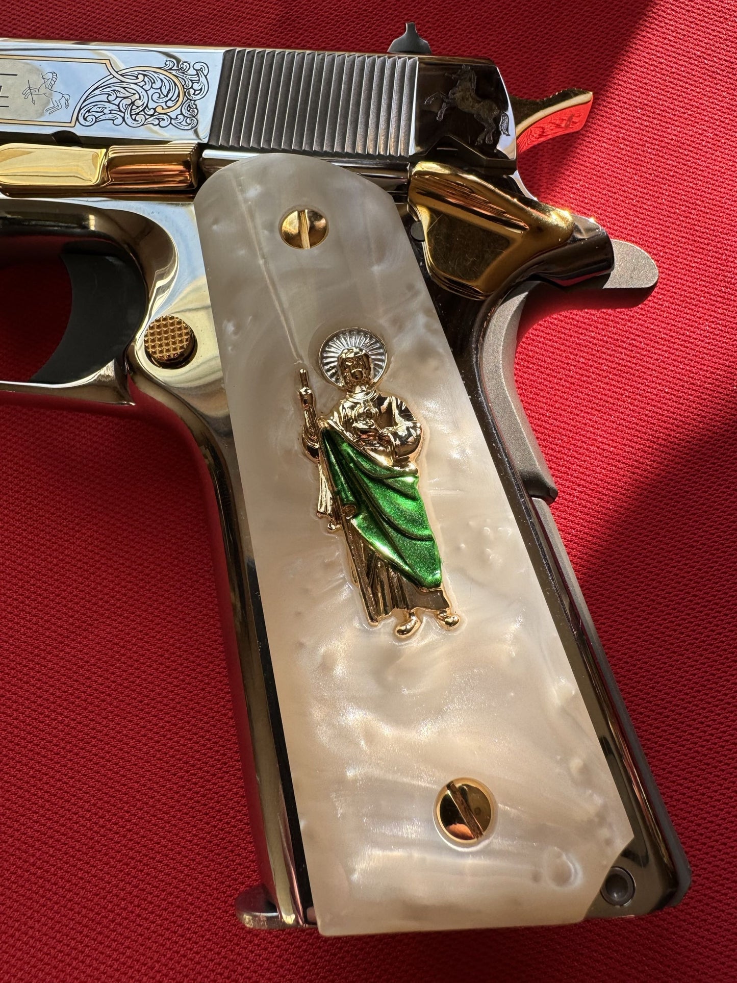 1911 Grips Engraved Pearl Grips San Judas inlayed 24k Gold Plated 45 acp 38 Super