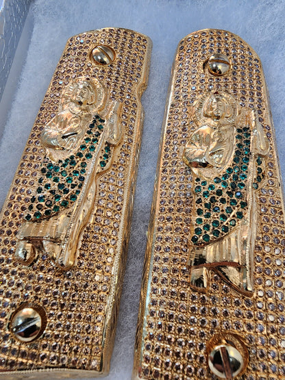 San Judas 1911 Pistol Grips –  Green CZ Stone Inlay – Full-Size 1911