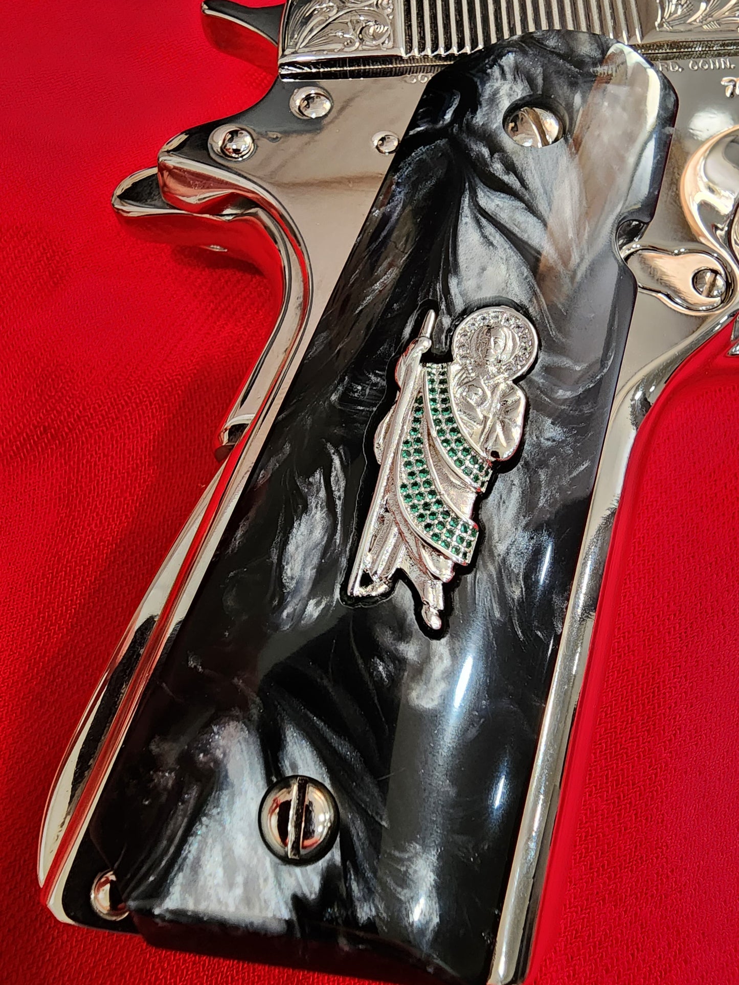 1911 Black Pearl Grips with Silver San Judas Nickel Plated Inlay