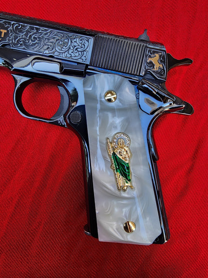 1911 Pearl Grips San Judas 24k Gold Plated 45 acp 38 Super
