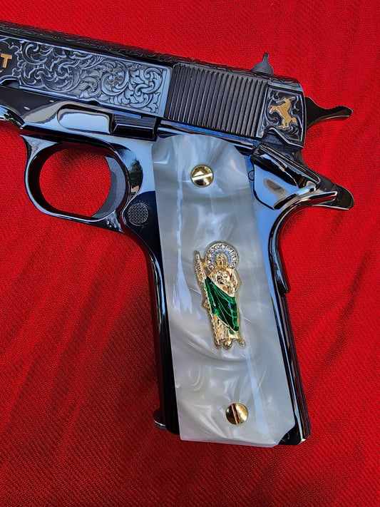 1911 Pearl Grips San Judas 24k Gold Plated 45 acp 38 Super