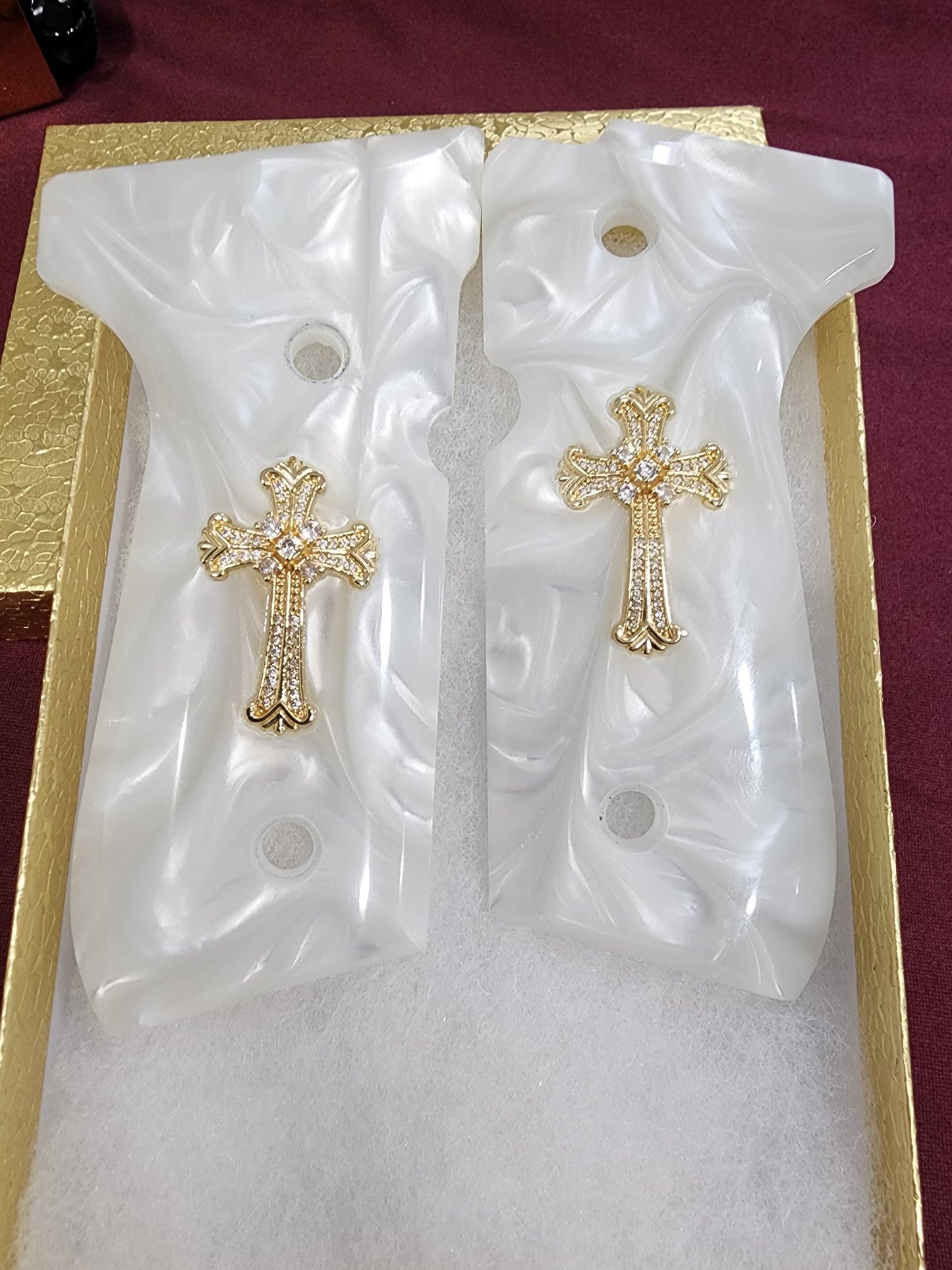 Beretta engraved Cross 24k Gold Plated Inlayed CZ stones Grips  White Pearl Grips 92 Fs 96 Fs M9